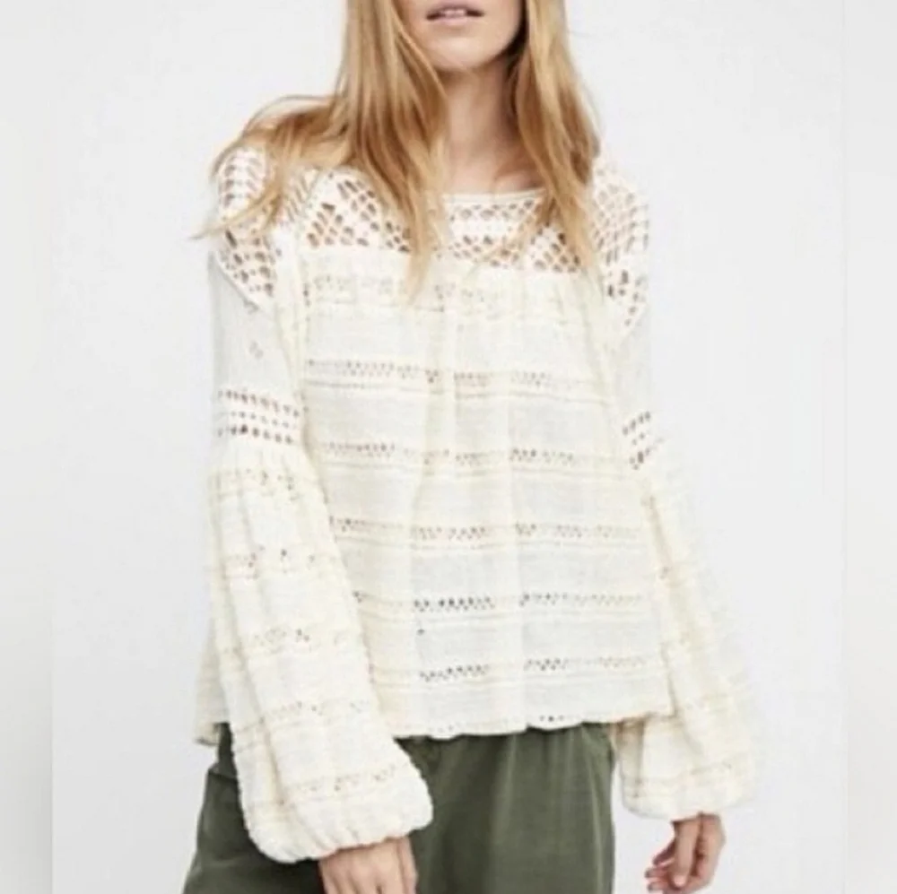 Free People Someday Crochet Sweater Ivory Oversized Linen Blend XS
